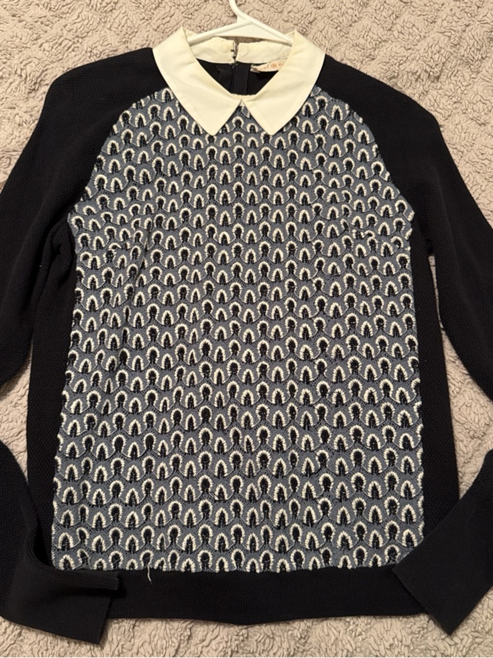 Tory Burch Black Sweater with White Collar and Patterned Front